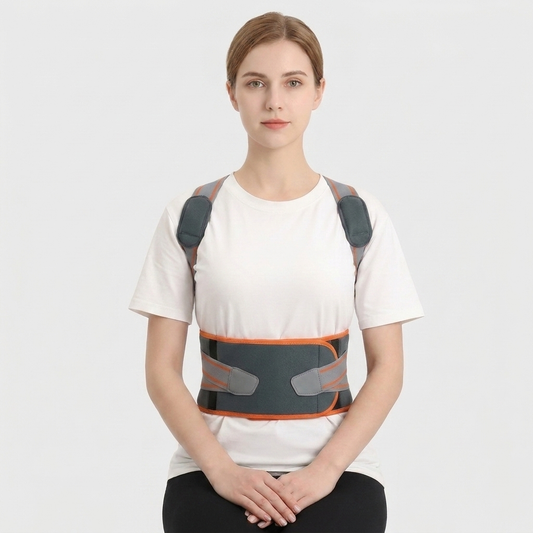 ScoliCurve posture corrector worn under shirt — rounded-shoulder support